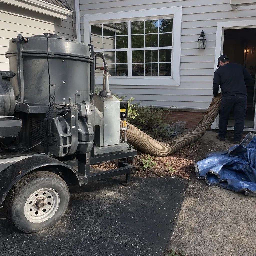 Technician performing professional air duct cleaning with large industrial vacuum equipment