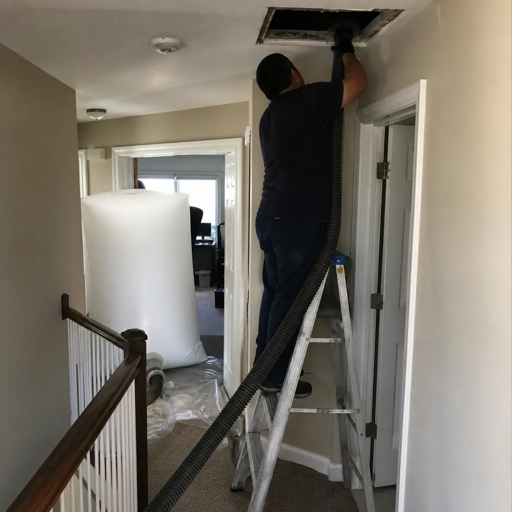 Professional air duct cleaning technician cleaning residential ceiling vent with vacuum system
