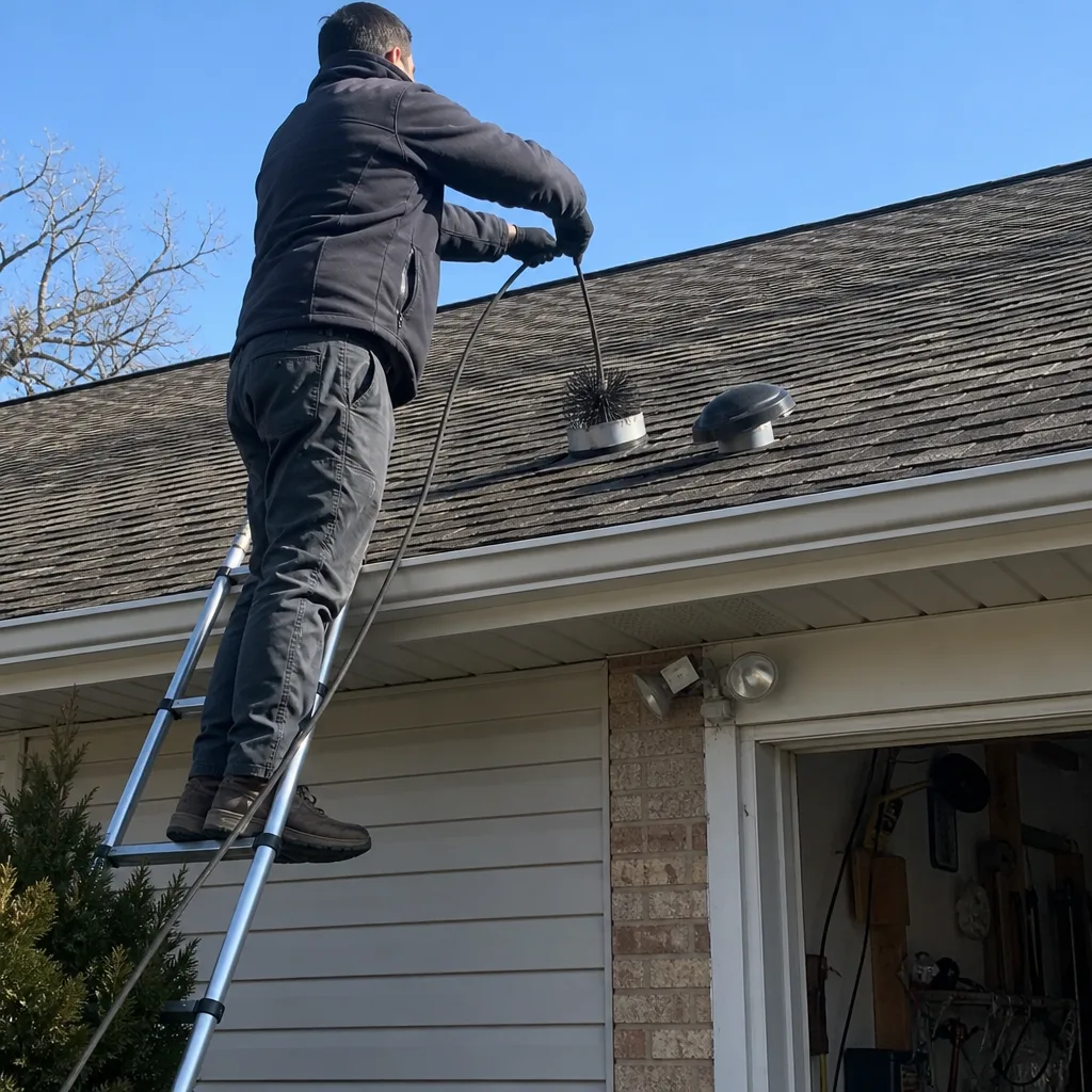 Technician using a brush tool to perform professional dryer vent cleaning