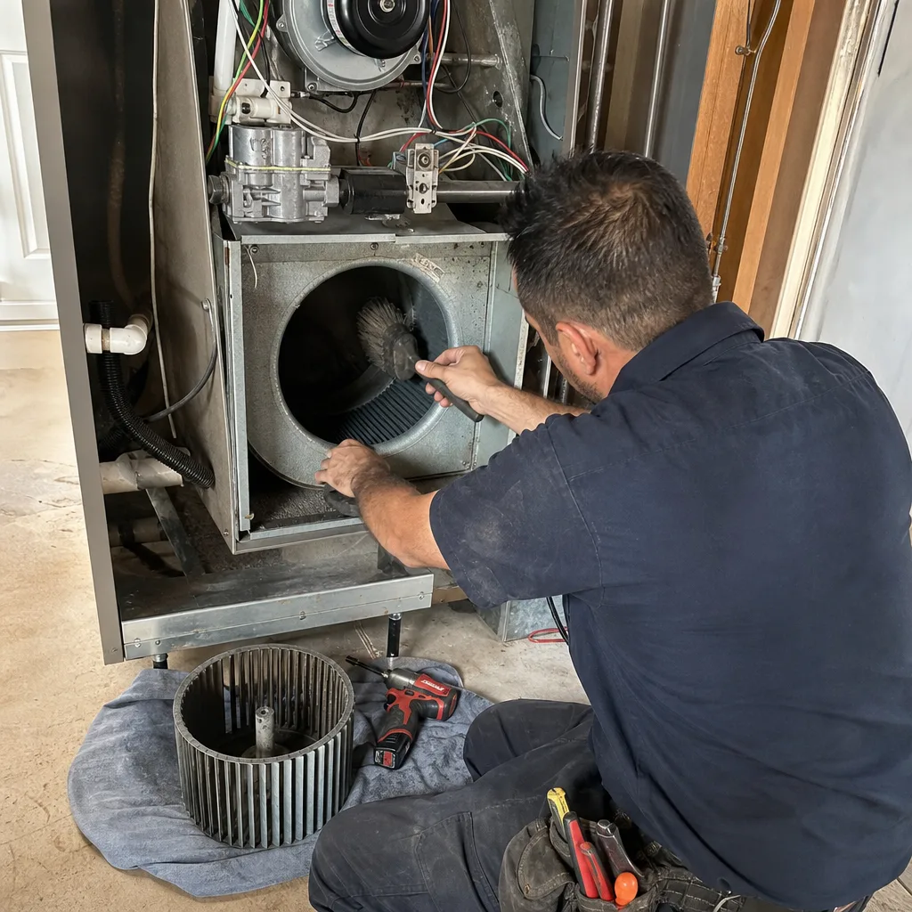 HVAC technician cleaning furnace blower assembly and fan blades