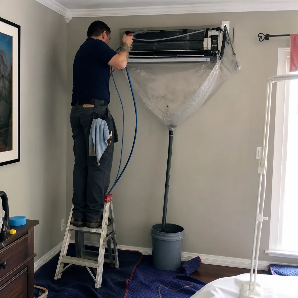 Technician performing professional wall-mounted HVAC cleaning and maintenance service