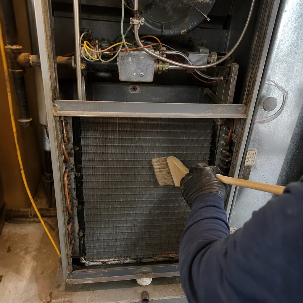 Technician cleaning residential HVAC furnace coils with a brush